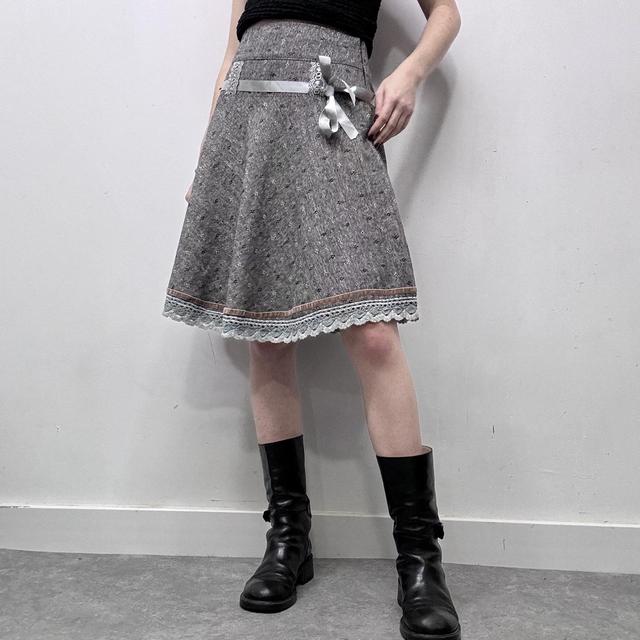 Grey tweed preppy flared lace midi skirt