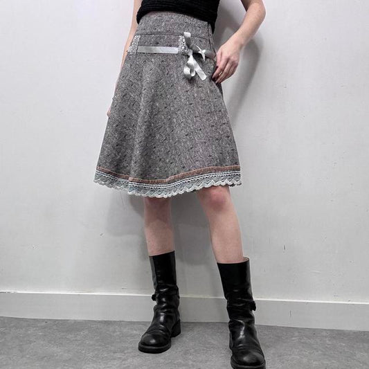 Grey tweed preppy flared lace midi skirt