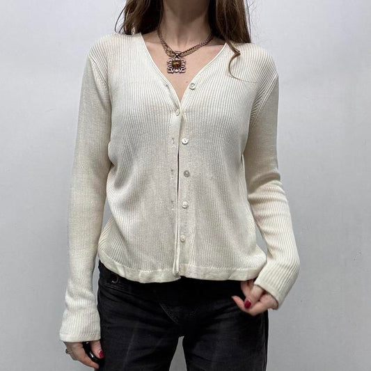 Cream ribbed shouchy silk knit cardigan