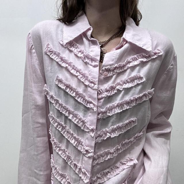 Pink flared distressed ruffle shirt