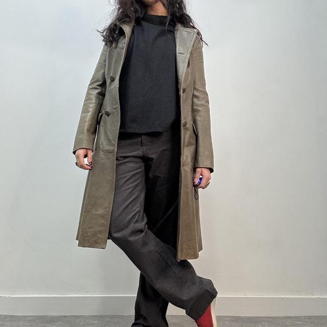 Khaki leather trench coat