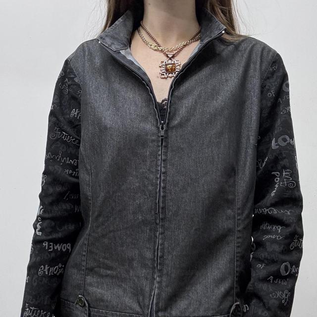 Dark denim sheer graphic sleeve jacket