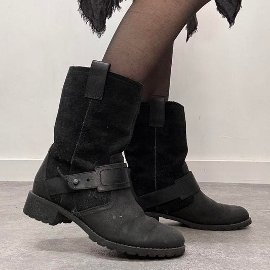 Black leather suede biker boots