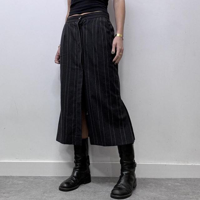Grey pinstripe flared slit midi skirt