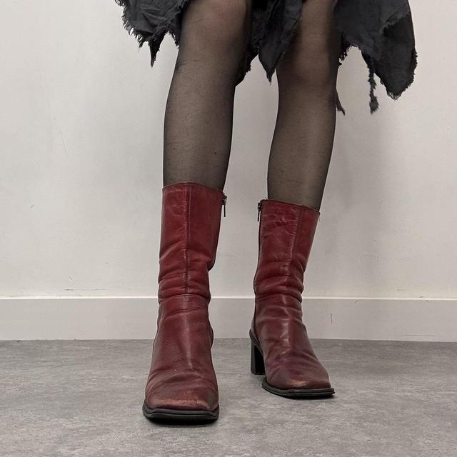 Red leather square toe boots