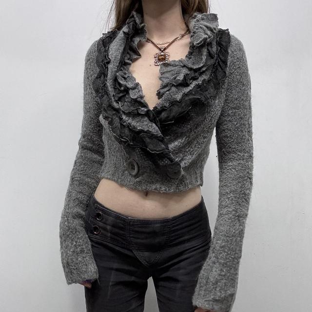 Grey ruffle lace knit cropped wrap cardigan
