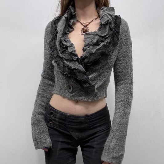 Grey ruffle lace knit cropped wrap cardigan