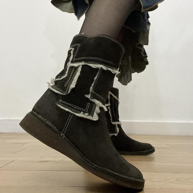 Brown patchwork suede biker boots