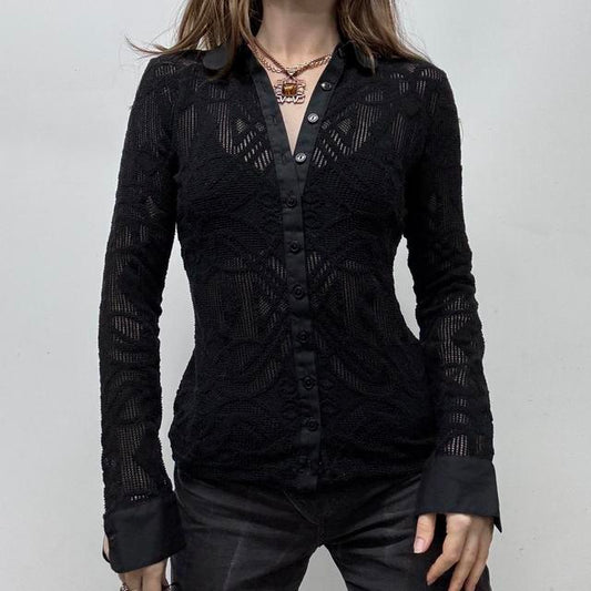 Sheer lace mesh flared black shirt