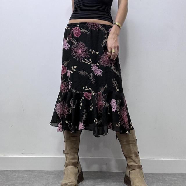 Black floral ruffle midi skirt