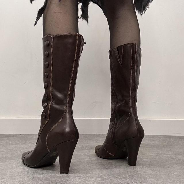 Dark brown leather heel button boots
