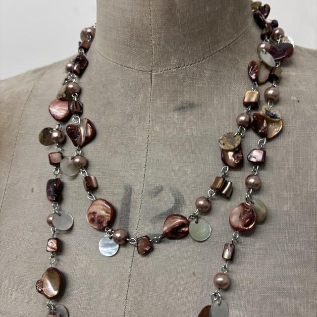 Brown layered chain pearl necklace