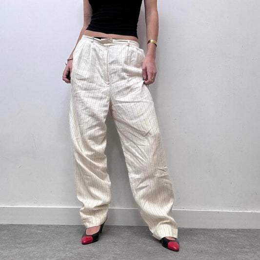 Oversized cream wide balloon leg pinstripe trousers
