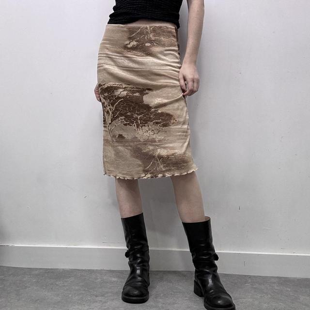 Brown graphic printed mesh midi skirt