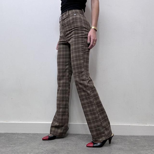 Brown tartan checked flared leg trousers