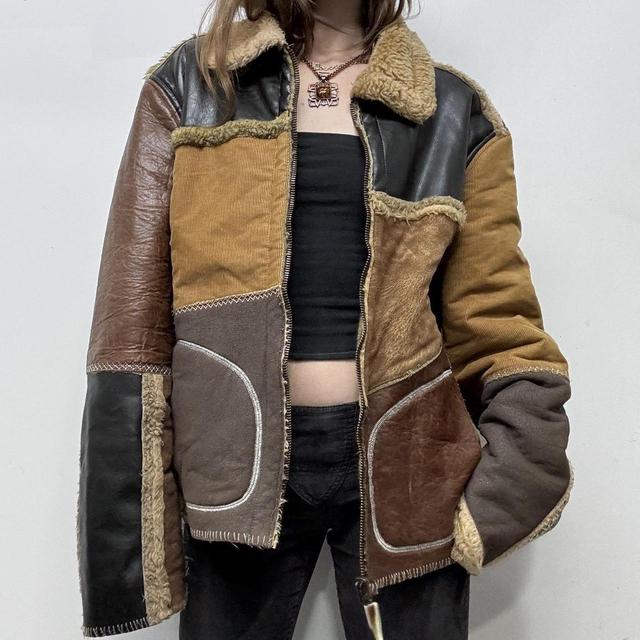 Faux leather sheepskin patchwork jacket