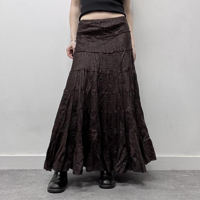 Brown satin flared maxi skirt