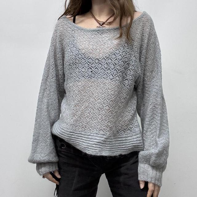 Grey wide neck lacey knit jumper