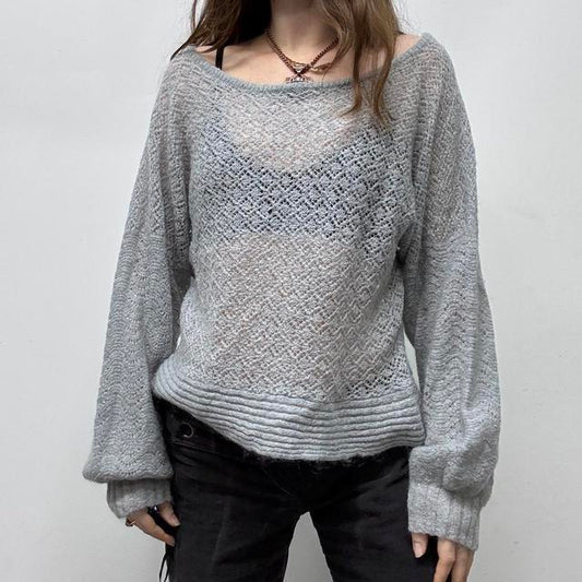 Grey wide neck lacey knit jumper