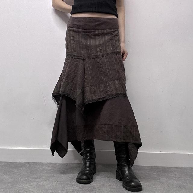 Asymmetric brown pinstripe layered maxi skirt