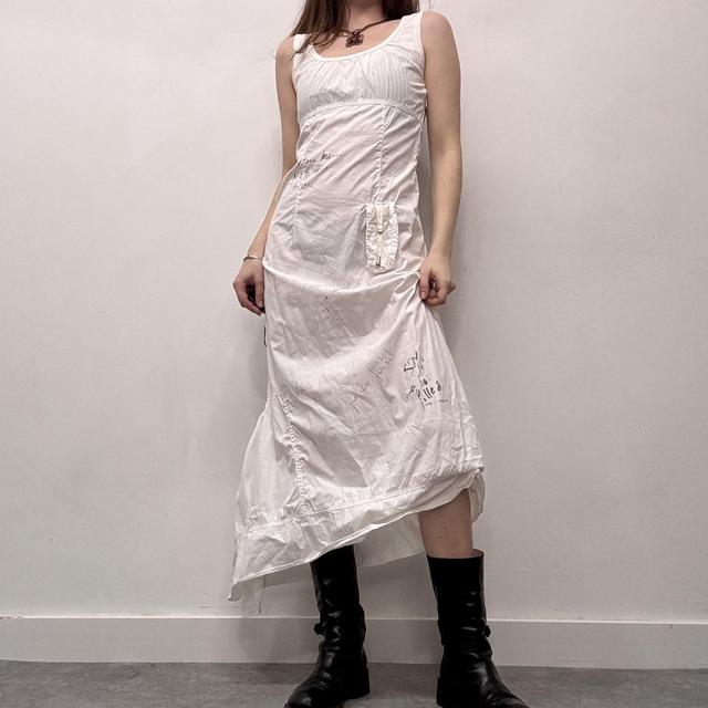 White cargo asymmetric pinstripe maxi dress
