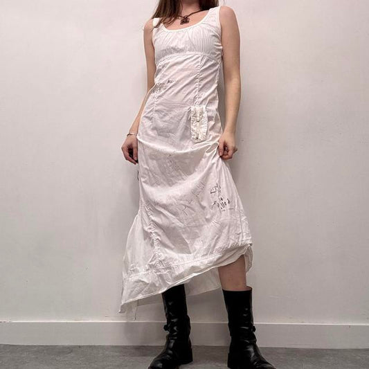 White cargo asymmetric pinstripe maxi dress