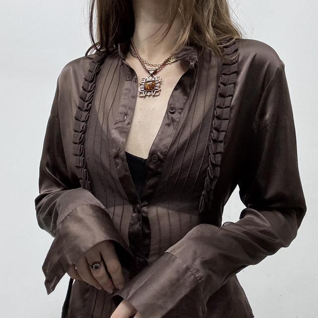 Brown sheer silk pinstripe ruffle shirt