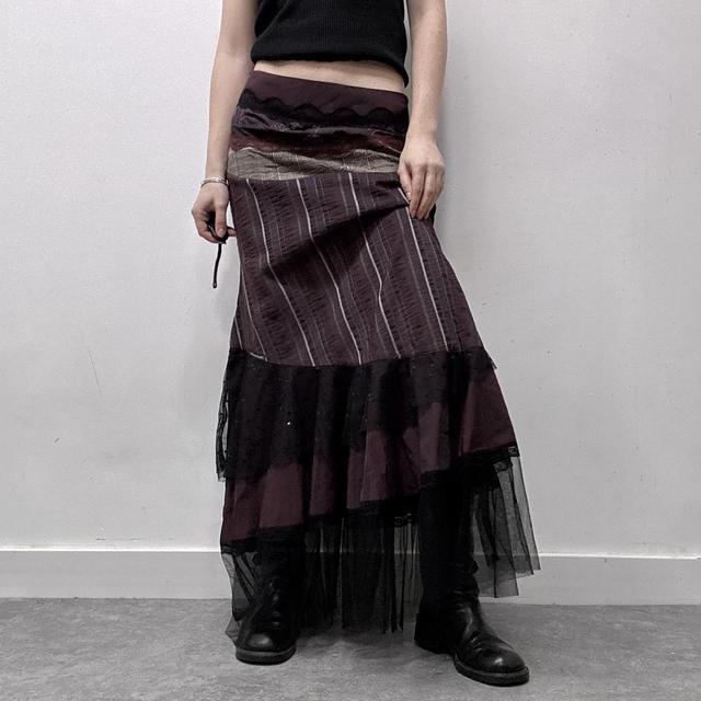 Grunge layered patchwork pinstripe maxi skirt