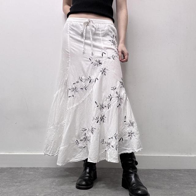 White flared embroidered maxi skirt