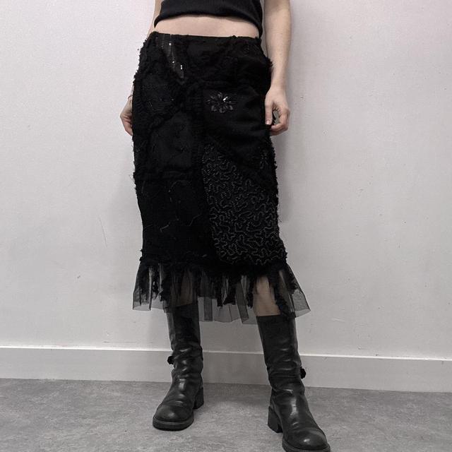 Black sheer embroidered lace midi skirt