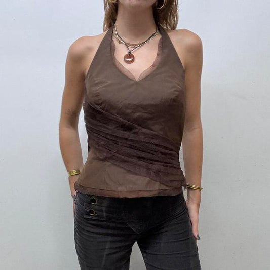 Brown fitted mesh halter vest