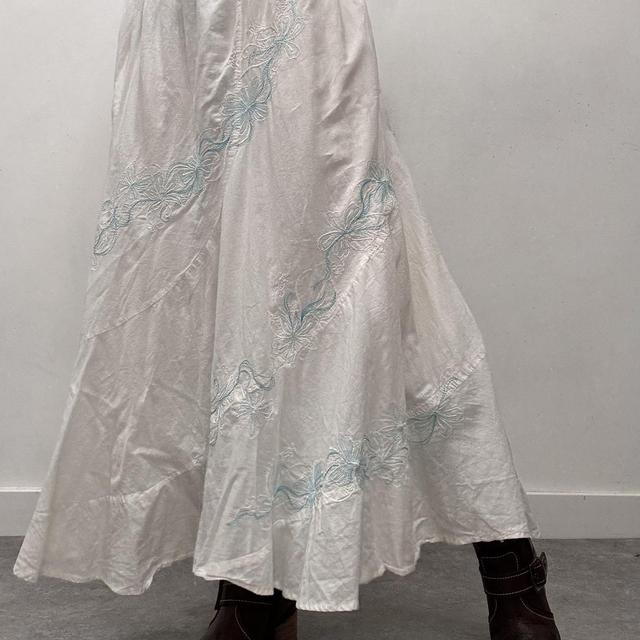 White cotton embroidered flared maxi skirt