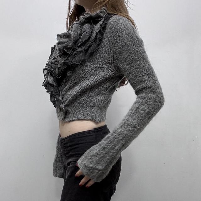 Grey ruffle lace knit cropped wrap cardigan