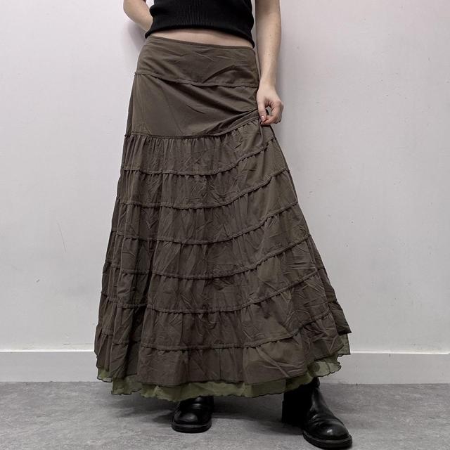 Khaki layered flared maxi skirt