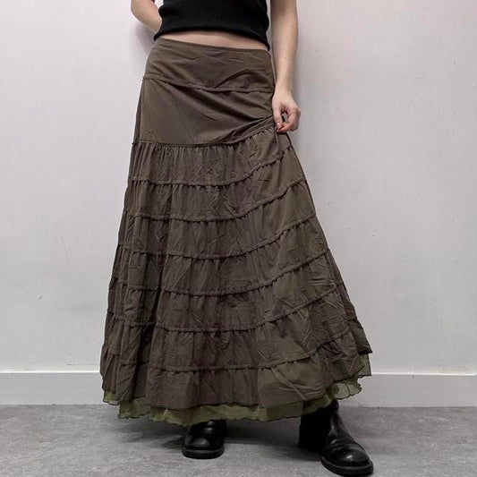 Khaki layered flared maxi skirt