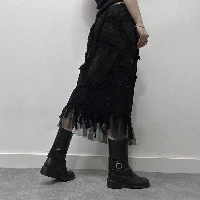 Black sheer embroidered lace midi skirt