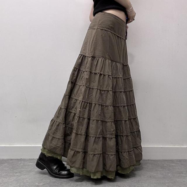 Khaki layered flared maxi skirt