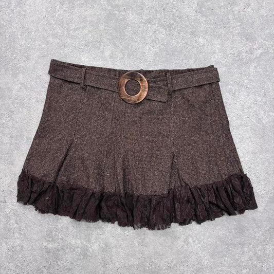 Lace tweed brown mini ruffle skirt