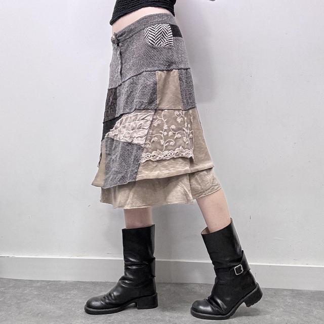 Tweed lace layered patchwork midi skirt