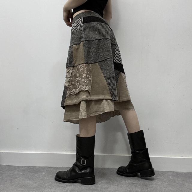 Tweed lace layered patchwork midi skirt