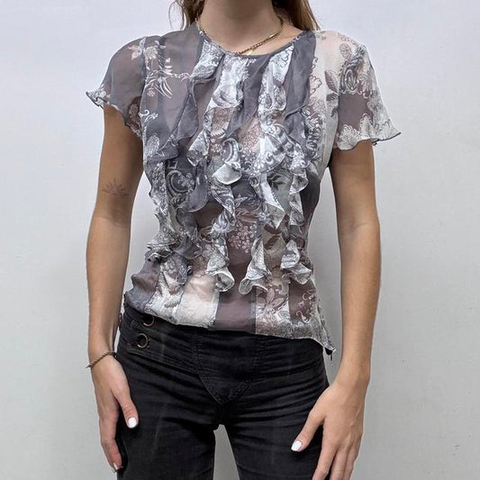 Sheer ruffle silk blouse
