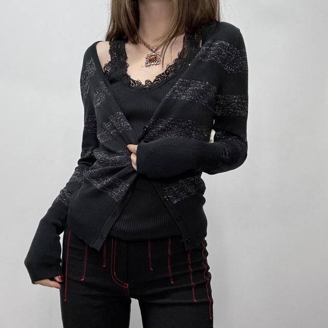 Black striped slouchy wide neck cardigan