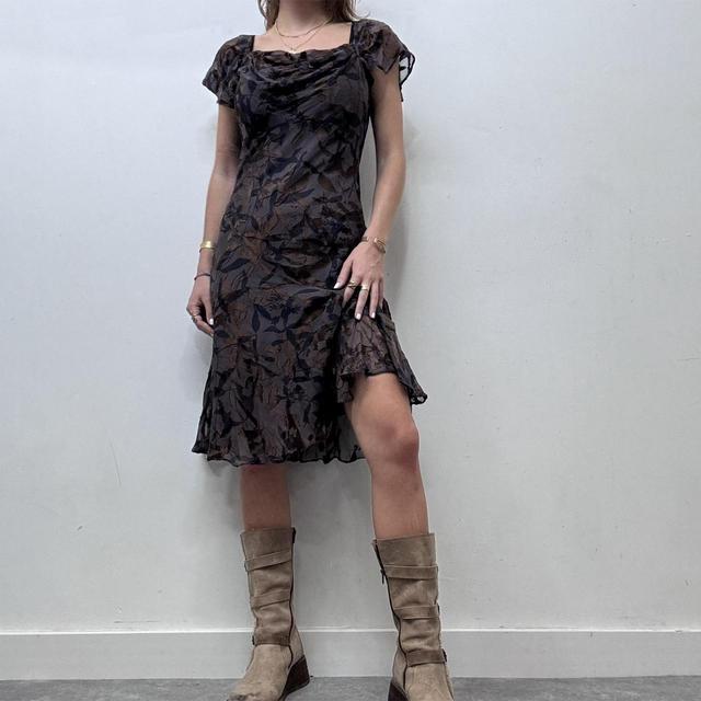 Draped cowl neck floral velvet silk dress