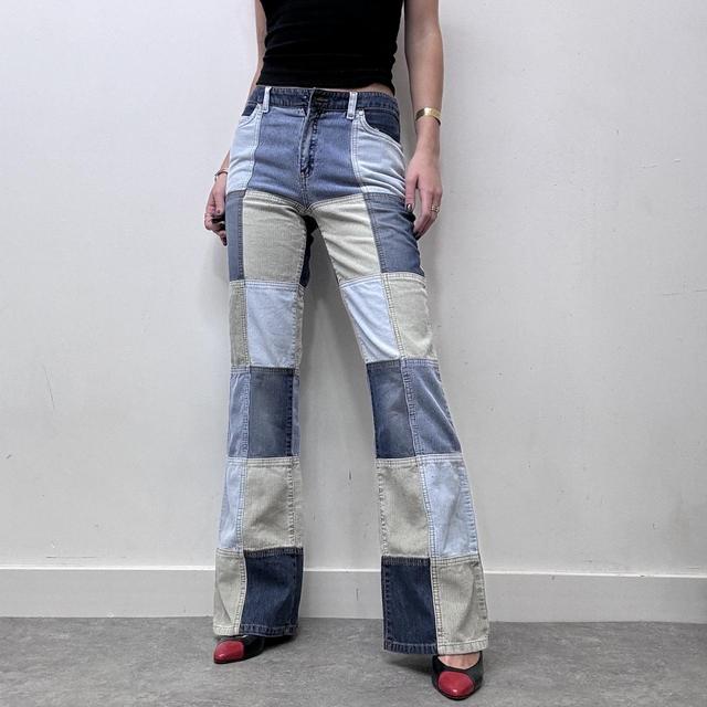 Denim corduroy patched flared jeans