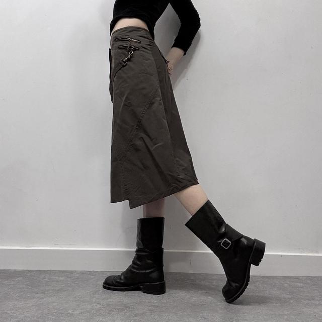 Brown pinstripe flared cargo midi skirt
