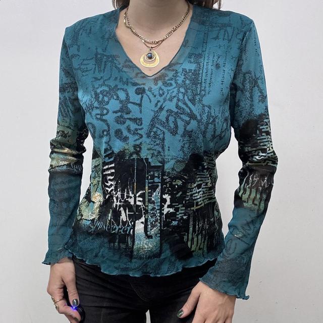 Graphic mesh printed grunge top