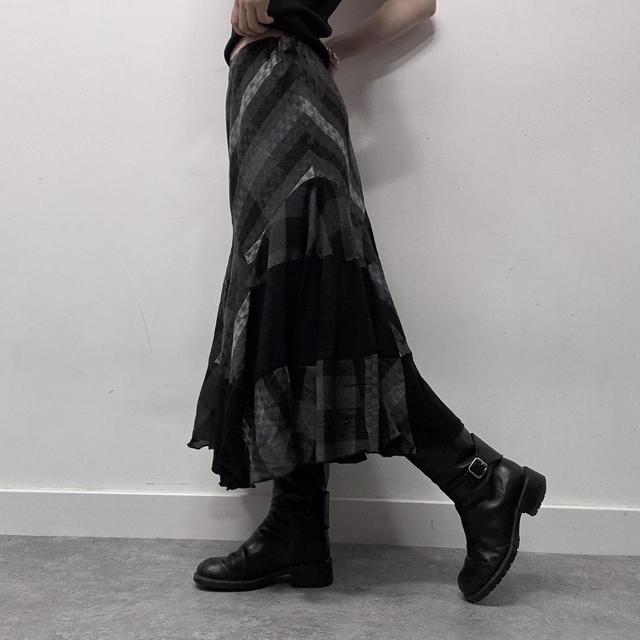 Black striped tartan flare maxi skirt