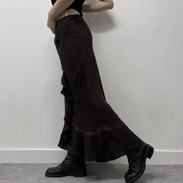 Brown ruffle flared maxi skirt