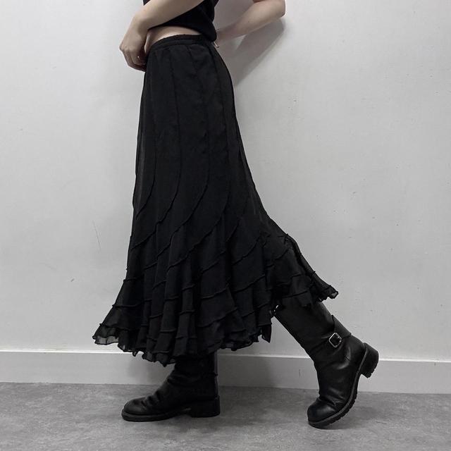 Black layered ruffle gothic midi skirt