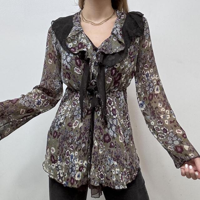 Sheer ruffle khaki fairy floral blouse